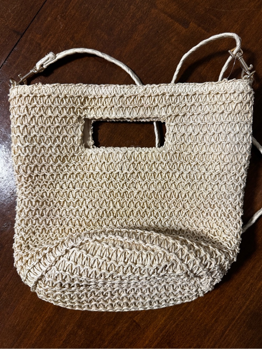 Cream Straw Tote Bag with Cutout Handle and Strap